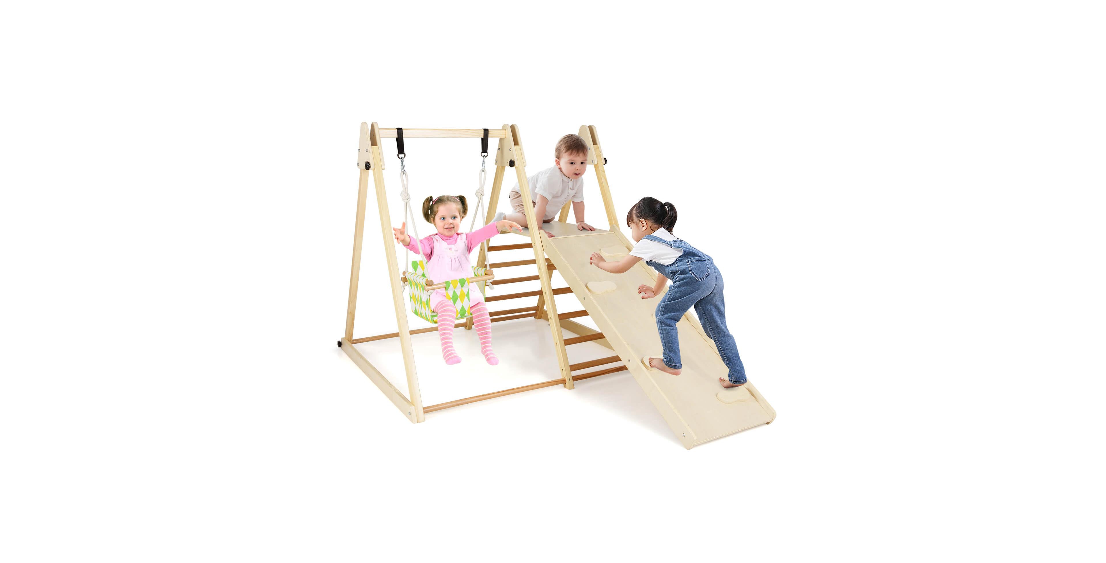 Costway 4-in-1 Indoor Jungle Gym with Baby Swing, Climber, Ladder and Resting Platform