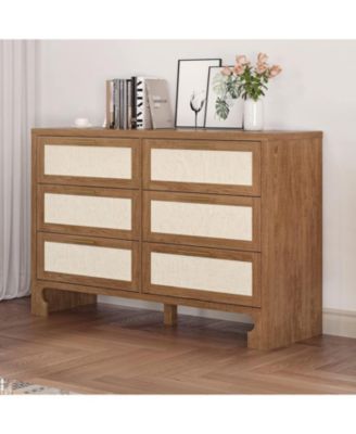 6-Drawer Mid Century Modern Burlap Wood Dresser Bedroom Storage Cabinet, Wide Chest with Wood Legs for Living Room, TV Stand, Nursery