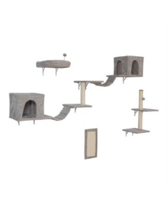 Wall-mounted Cat Tree With 2 Cat Condos House, 3 Cat Wall Shelves in Beige