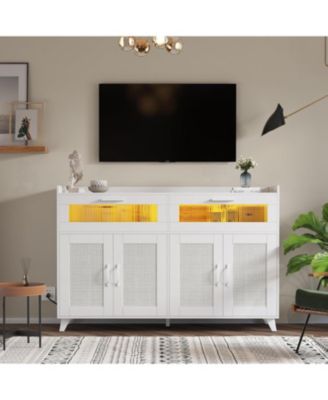 Farmhouse Rattan Storage Cabinet with Charging Station and LED Light, Heavy Duty Buffet