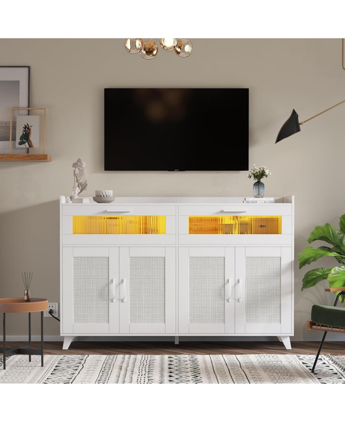 gaomon Farmhouse Rattan Storage Cabinet with Charging Station and Led Light, Heavy Duty Buffet