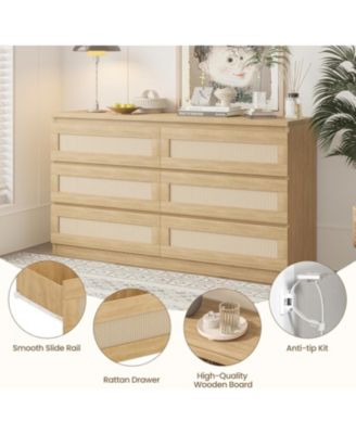 6 Drawer Natural Wood Multi-Purpose Rattan Fronts, Smooth Operation, TV Stand - Dresser