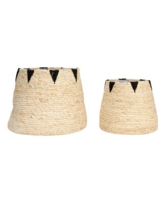 Round Handwoven Corn Leaf Basket Set of 2 with Plastic Liner, Natural with Black Accents