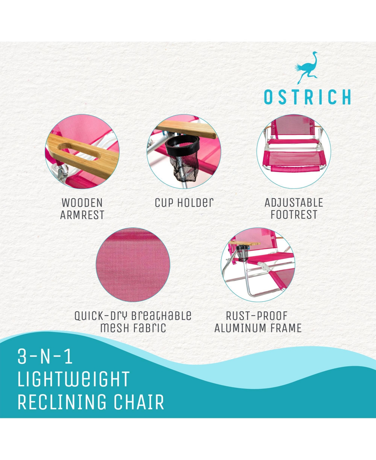 Ostrich Original 3N1 Lightweight Outdoor Beach Lounge Chair with Footrest, Pink