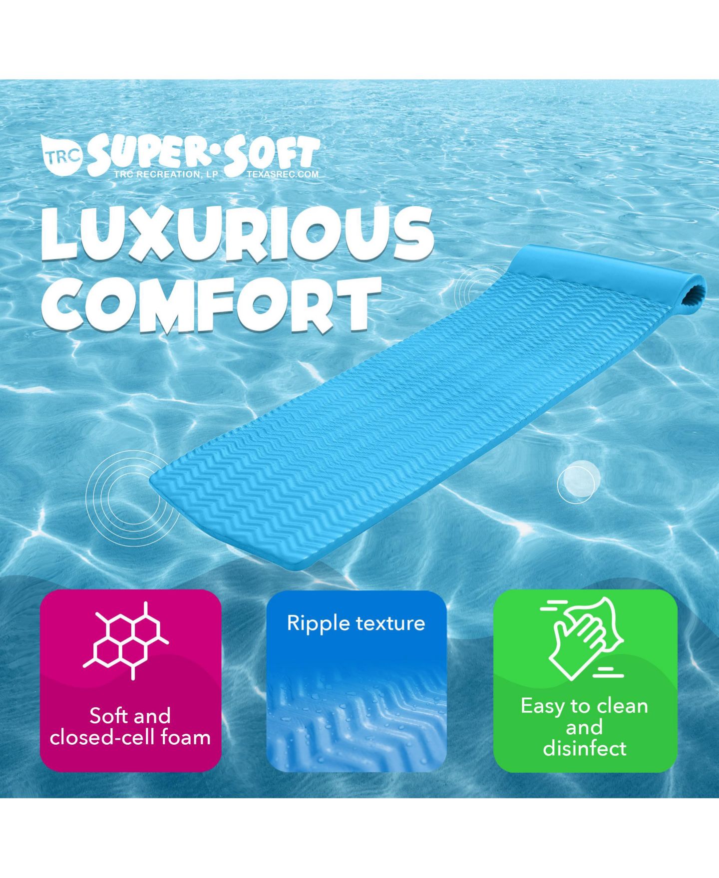 Детские игрушки TRC Recreation Serenity 1.5" Thick Vinyl-Coated Foam Built-In Roll Pillow Pool Lounge Float, Ages 14+ — фото 6