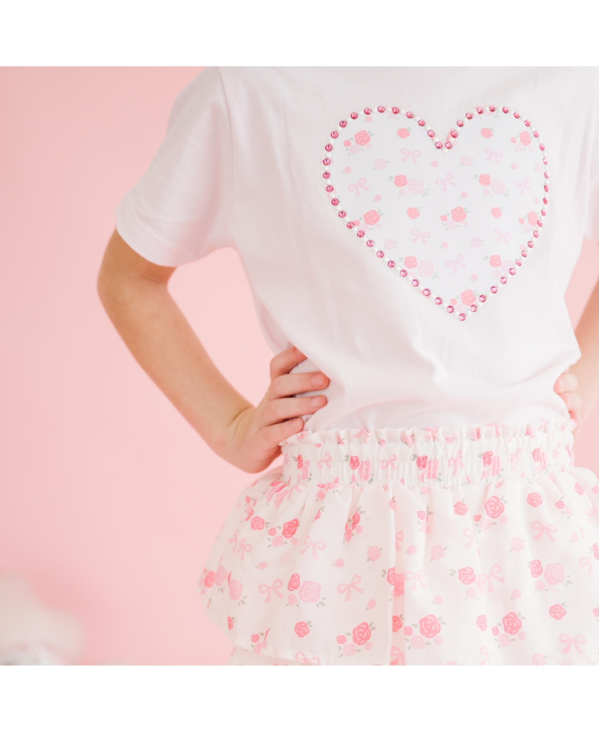 Sweet Wink Toddler Girls Dainty Rose Pearl Heart Patch Short Sleeve T-Shirt