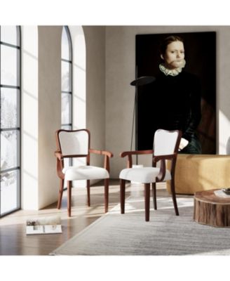  Walnut Dining Chairs Set of 2, Beige Fabric, Padded Armrests