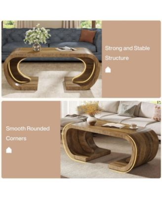 Farmhouse Coffee Table, 47" Heavy Duty C-Shaped Center Table with Curved Base, Rustic Brown