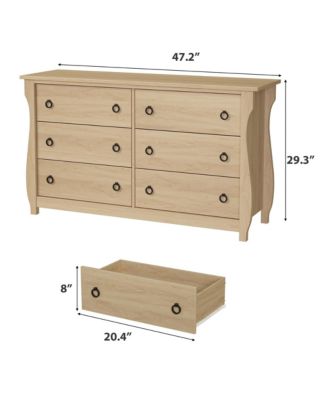 6-Drawer Modern Wood Dresser with Golden Ring Pull Handles, Wide Storage Cabinet for Living Room, Entryway, Oak Finish