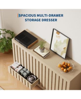 8-Drawer Modern Fluted Wood Dresser Bedroom Chest, Handleless Deep Storage Closet Organizer for Living Room, Hallway, Natural Oak