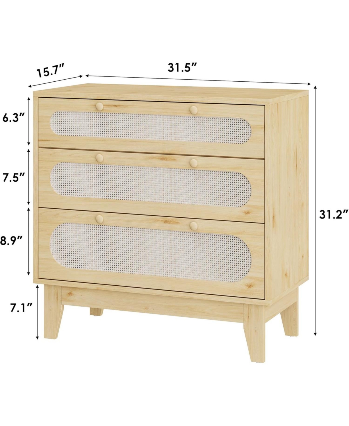gaomon 3-Drawer Rattan Dresser, Natural Modern Closet Organizer with Wooden Handles & Legs, Anti-Tip Kits, Bedroom