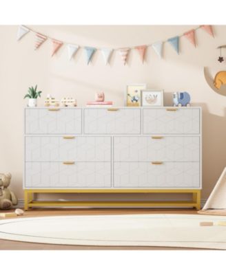 53.5 Inch White 7-Drawer Modern Dresser, Triple Chest, Gold Accents, Long Storage for TV Stand, Closet, Living Room