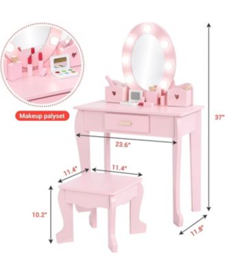 Kids Vanity with Lighted Mirror, Toddler Vanity Table and Chair Set, Makeup Playset for Girls, Pink