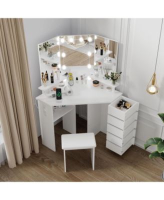 Corner Makeup Vanity Desk with Lights, Power Outlet, Rotating Drawers, Adjustable Brightness, Stool
