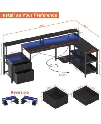 72.8" L Shaped Desk with File Drawer, Reversible Computer Desk with Power Outlet, LED Strip, Monitor Stand & Storage Shelves