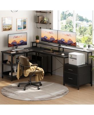 72.8" L Shaped Desk with File Drawer, Reversible Computer Desk with Power Outlet, LED Strip, Monitor Stand & Storage Shelves