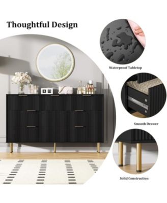 6-Drawer Modern Fluted Wood Dresser with Gold Handle, Large Storage Organizer for Bedroom, Living Room, Hallway