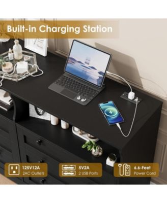 6-Drawer Modern Dresser with Power Outlet & LED Light, Large Capacity Wood Storage Chest TV Stand for Bedroom, Living Room