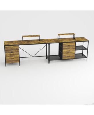 114" L-Shaped Desk with Power/USB-C 6 Drawers 3 Shelves Monitor Stands Rustic Brown