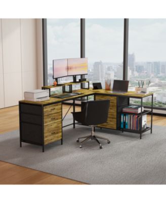 114" L-Shaped Desk with Power/USB-C 6 Drawers 3 Shelves Monitor Stands Rustic Brown