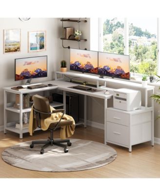 67'' L-Shaped Desk with Drawers and Shelves, Reversible Corner Computer Desk with Power Outlet & Monitor Stand