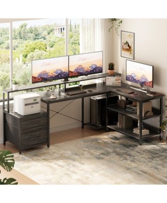 72.8" L Shaped Desk with File Drawer, Reversible Computer Desk with Power Outlet, LED Strip, Monitor Stand & Storage Shelves