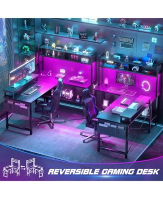 49'' Reversible L Shaped Gaming Desk with Power Outlet and LED Lights, Corner Desk with Hutch & Monitor Stand
