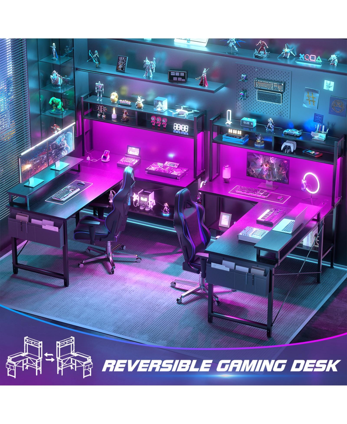 Aheaplus 49'' Reversible L Shaped Gaming Desk with Power Outlet and Led Lights, Corner Hutch & Monitor Stand