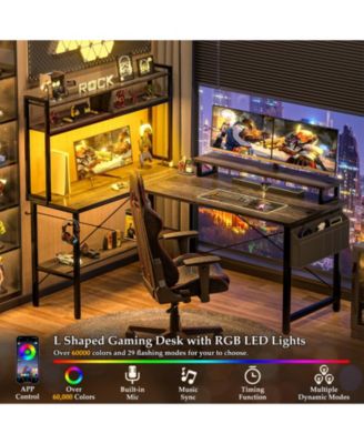 49'' Reversible L Shaped Gaming Desk with Power Outlet and LED Lights, Corner Desk with Hutch & Monitor Stand
