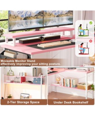 49'' Reversible L Shaped Gaming Desk with Power Outlet and LED Lights, Corner Desk with Hutch & Monitor Stand