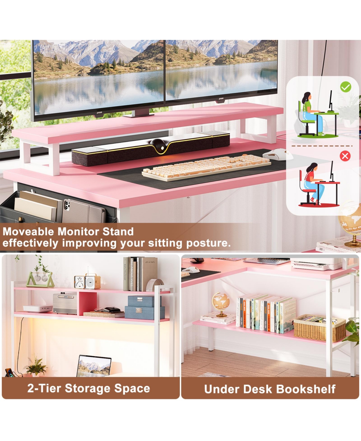 Aheaplus 49'' Reversible L Shaped Gaming Desk with Power Outlet and Led Lights, Corner Desk with Hutch & Monitor Stand