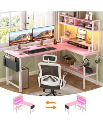 49'' Reversible L Shaped Gaming Desk with Power Outlet and LED Lights, Corner Desk with Hutch & Monitor Stand
