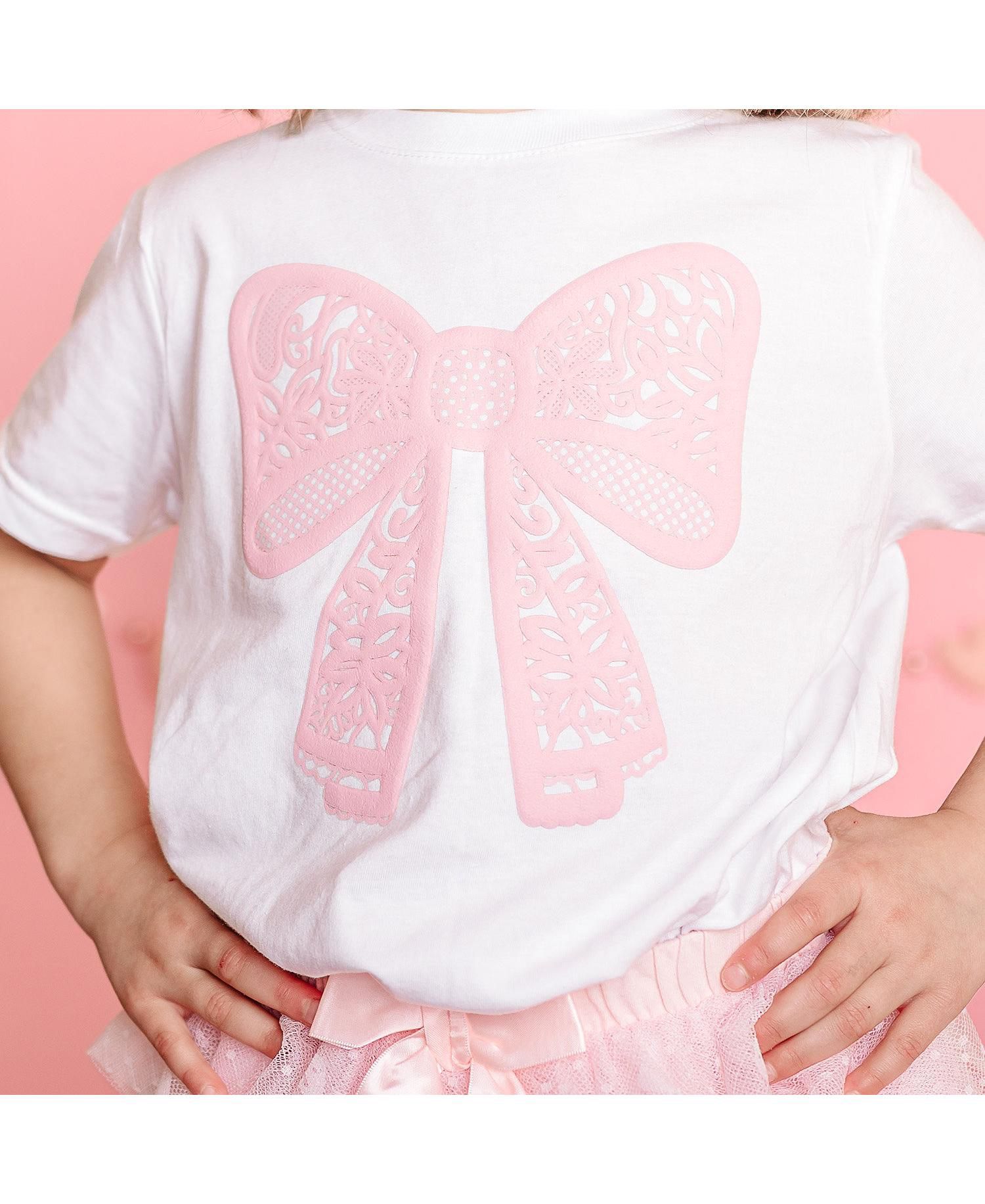 Girls Lace Bow Puff Ink Short Sleeve T-Shirt