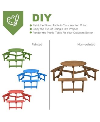 6-person Round Wooden Picnic Table Outdoor Table w/ Umbrella Hole & Benches
