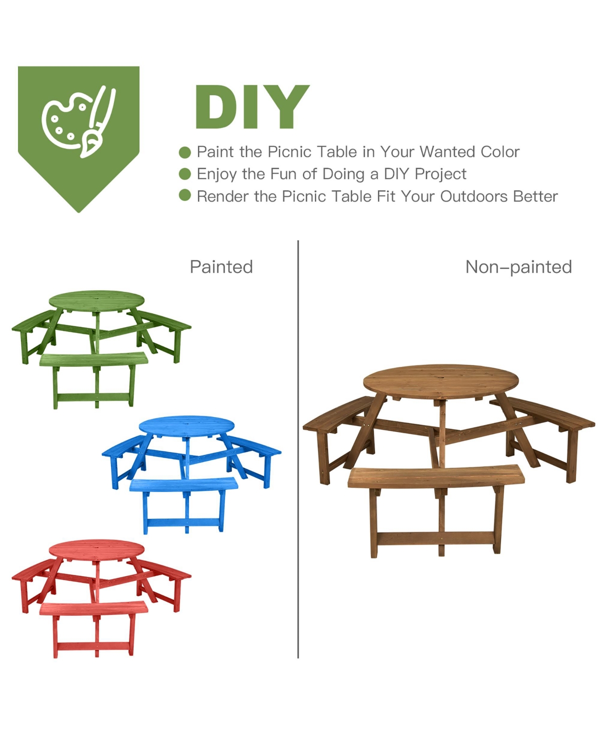 Costway 6-person Round Wooden Picnic Table Outdoor Table w/ Umbrella Hole & Benches