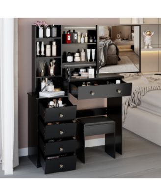 37" Vanity Table with Mirror Stool & Storage