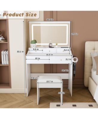 Modern Vanity Desk with Lighted Mirror & Outlet