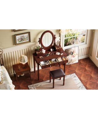 Vanity Desk with Mirror, Cushioned Stool, 5 Drawers - Walnut