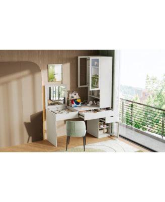 Streamdale Vanity Desk with Mirror, Charging, Storage, Drawers & Shelves - White