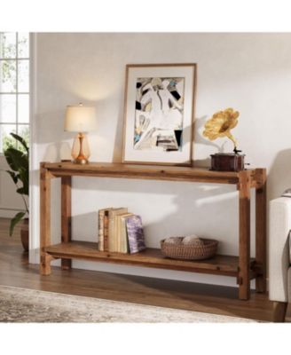 63-Inch Solid Wood Console Table, 2-Tier Farmhouse Entryway Table with Storage