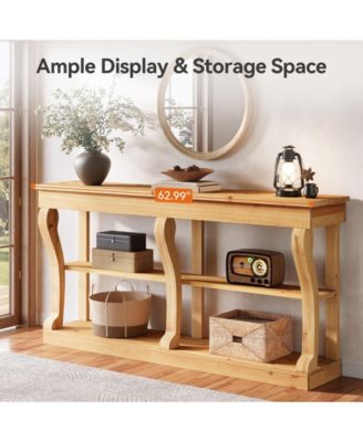 63" Solid Wood Console Table, 3-Tier Farmhouse Sofa Table with Storage