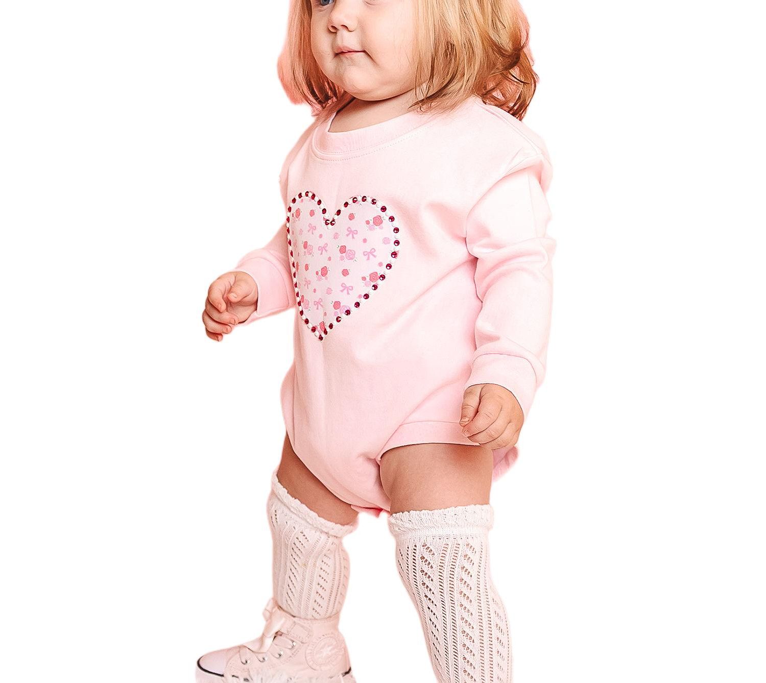 Baby Girls Dainty Rose Pearl Heart Patch Long Sleeve Romper