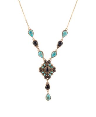 Barcelona Black Onyx and Blue Turquoise Golden Y-Necklace