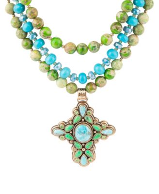 Legacy Lime Green and Blue Turquoise Golden Cross Pendant Statement Necklace