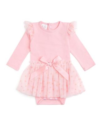 Baby Girls Flocked Heart Valentine's Day Tiered Long Sleeve Tutu Bodysuit