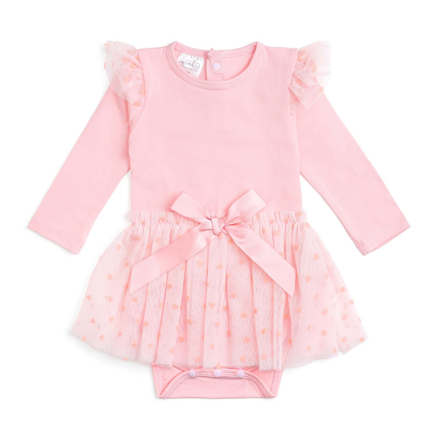 Baby Girls Flocked Heart Tiered Long Sleeve Tutu Bodysuit