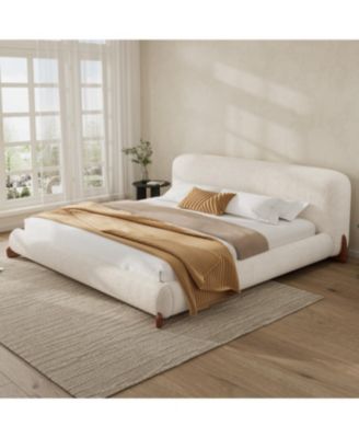 King Size Boucle Upholstered Platform Bed with Solid Wood Legs