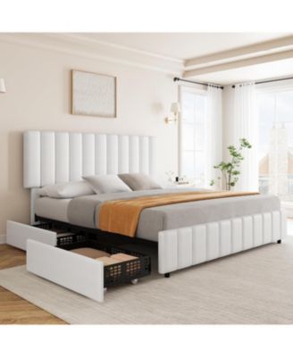 Queen PU Leather Quilted Upholstered Platform Bed Adjustable Headboard 4 Storage Drawers Wooden Slats No Box Spring