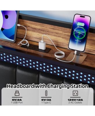 Queen Bed Frame with LED Light Charging Station Upholstered Storage Headboard Metal Slats Black