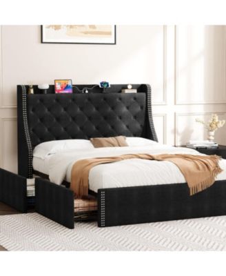 Queen Bed Frame Black Upholstered 4 Storage Drawers Wingback Headboard Charging Station Button Tufted